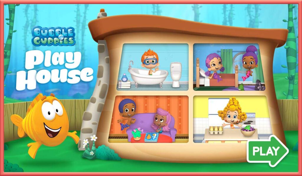 Splash screen for Bubble Guppies Playhouse educational game in the Noggin app