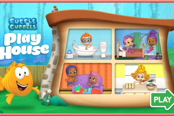 Splash screen for Bubble Guppies Playhouse educational game in the Noggin app